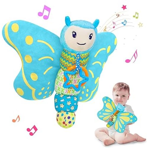 Baby Toys 0-6 Months,Infant Musical Sensory Stuffed Animal with Squeaker,Rattle,Crinkle Wings,Teether & Hanging Ring,Tummy Time Toy for Newborn 0-3-6-12 Months Boys & Girls Gift,Butterfly,Blue