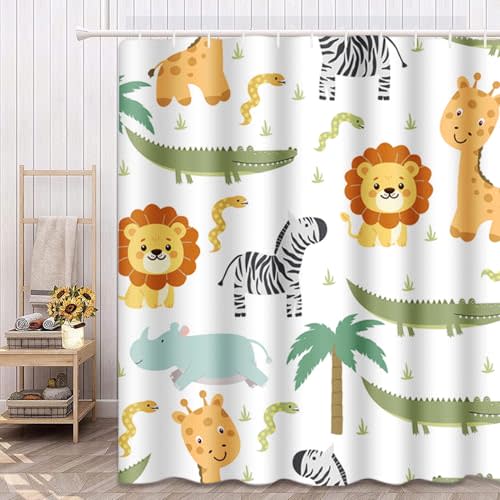 Emvency Shower Curtain Safari Animals with Cute Hippo Crocodile Lion Elephant and Giraffe in Childish Style Waterproof Polyester Fabric 72 x 72 inches Set with Hooks