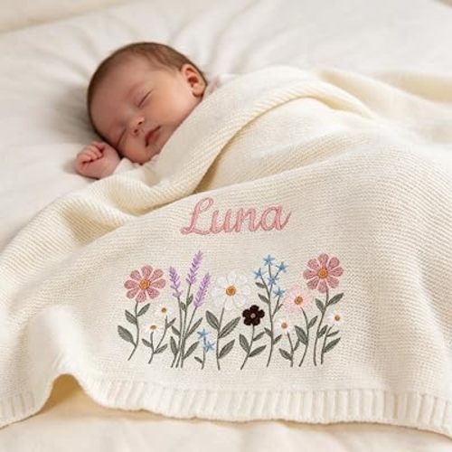 Personalized Baby Blanket with Name for Girls - Custom Embroidered Wildflower Name Blanket, 100% Cotton Knit Baby Blanket, Soft Newborn Keepsake, for Girls