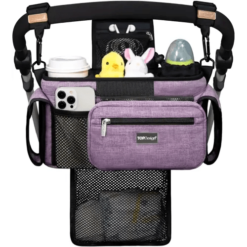 TOPDesign Universal Baby Stroller Organizer, Stroller Caddy with Detachable Mesh Bag & Heightened Insulated Cup Holders & Non-Slip Secure Hooks Accessories, Fits Most Strollers (Purple)