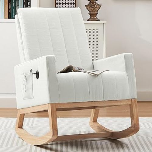 VECELO Rocking Chair Nursery Upholstered Modern Glider Rocker with Padded Seat High Backrest USB Port Comfy Armchair and Side Pocket for Living Room Bedroom Balcony Offices, White