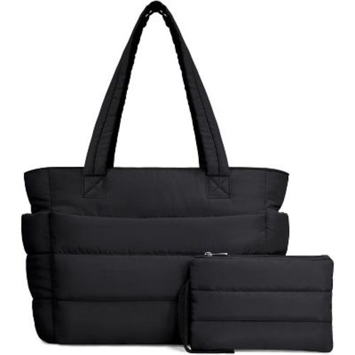 Puffer Tote Bag for Women, Lightweight Quilted Shoulder Bag with Compartments for Work, Travel, and Gym Black Medium