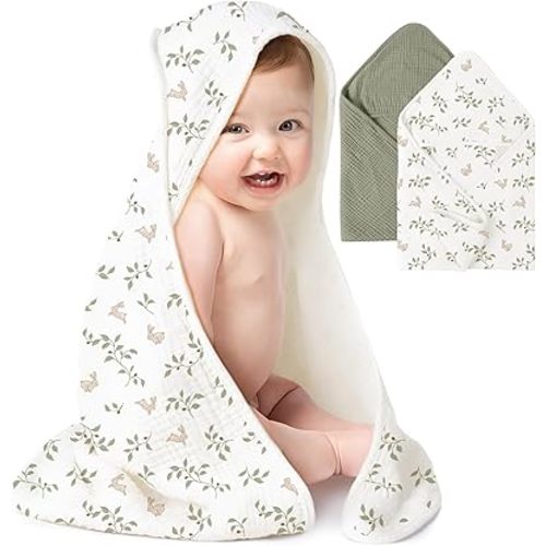 Konssy 2-Pack Muslin Hooded Baby Towels, 100% Cotton, Ultra-Soft & Absorbent Baby Bath Towels with Hood for Newborn & Infant (Fog Green, Sprout, 30'' x 30'')