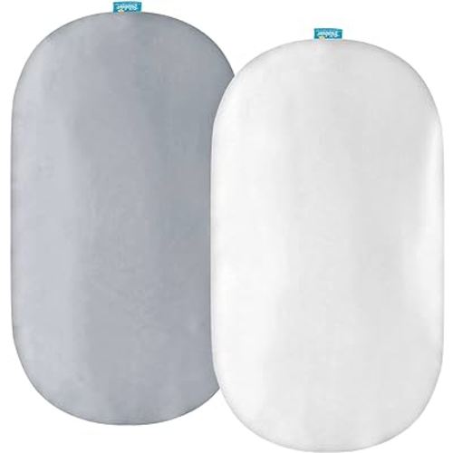 Satin Bassinet Sheets Fit for Rectangle, Hourglass, Oval Bassinet Mattress, 2 Pack, Great Protect for Baby Hair and Skin, Ultra Soft Satin Cradle or Bassinet Sheets, White & Grey