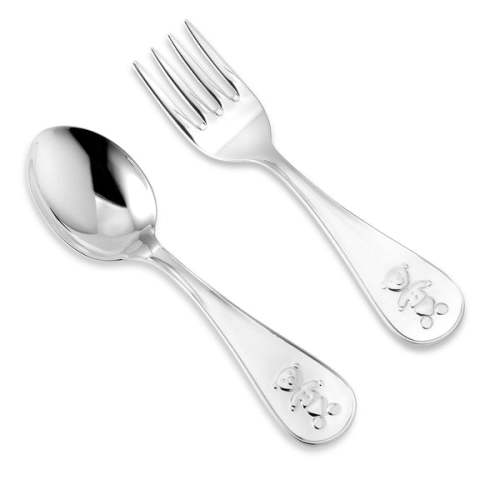 Sterling Silver 925 Baby Spoon and Fork Set Wide Keepsake Teddy Bear Design
