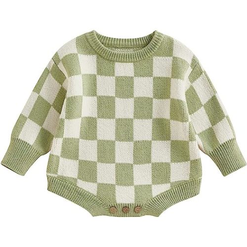 Unisex Baby Girl Boy Knitted Romper Jumpsuit Checkerboard Plaid One Piece Button Down Sweater Playsuit Clothes