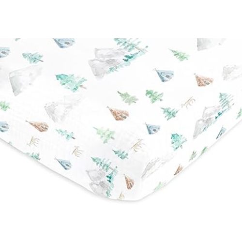 SwaddleDesigns Softest Cotton Muslin Fitted Crib Sheet, Toddler Sheet for Boys & Girls, Fits Standard Crib Mattress (28 x 52 inches), Watercolor Mountains & Trees