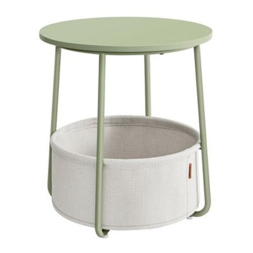Small Round Side End Table, Modern Nightstand with Fabric Basket Forest Green and Cream White