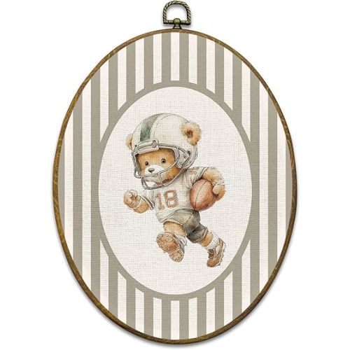 Vintage Football Bear Nursery Wall Art Decor, Sports Framed Canvas Prints 8.6x11.4, Neutral Striped Bear Animal Oval Wall Hanging Artwork Decorations for Kids Boy Nursery Room Bedroom