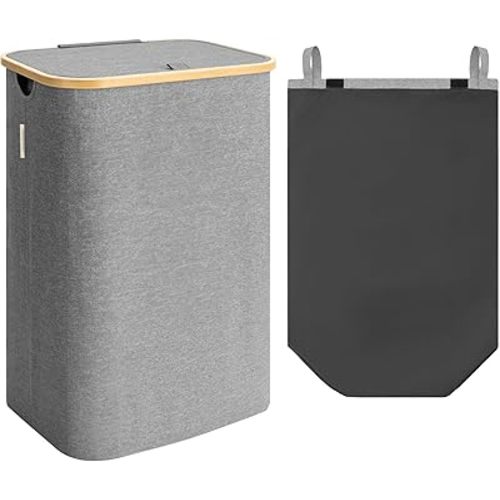 StorageWorks 100L Large Laundry Hamper with Lid, Tall Laundry Basket with Bamboo Handles and Removable Inner Bag, Collapsible Laundry Hamper for Clothing, Towels, Dark Grey, 1-Pack