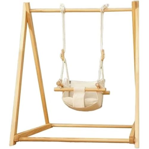Toddler Swing Set with Stand, Foldable Indoor Baby Swing Set with Seat Belt, Extension Straps,Wooden Swingset for Toddlers Aged 6-36 Months Perfect for Home,Child Daycare, Preschool