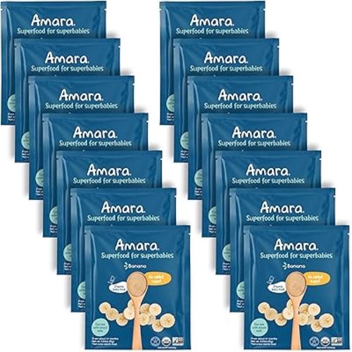 Amara Organic Baby Food - Stage 1 - Banana - Baby Cereal to Mix With Breastmilk, Water or Baby Formula - Shelf Stable Baby Food Pouches Made from Organic Fruit - 14 Pouches, 3.5oz Per Serving
