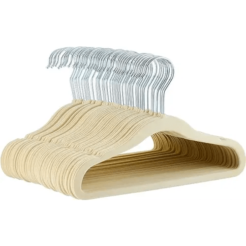 Amazon Basics Kids Velvet, Space Saving, Non-Slip Clothes Hangers for Infant and Toddler, Durable, 11.6 inches (for baby clothes), Pack of 50, Beige