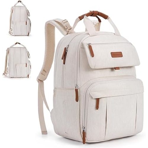 mommore Diaper Bag Backpack, Large Diaper Bag Expandable for 2 Kids/Twins, Durable Baby Bag with Changing Pad, Water Resistant Travel Diaper Backpack for Mom Dad - Beige