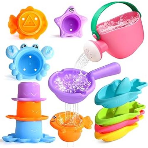 Fajiabao Baby Bath Toys for Kids Ages 1-3 Toddler Bath Toys Mold Free for 2-4 Bathtub Sand Beach Pool Water Toys for 1+ Year Old Girl Gifts 9 PCS (Color Random)