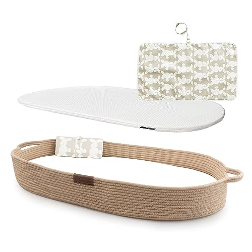 Yunioo XL Reinforced Baby Changing Basket with Extra Travel Diaper pad, Foldable Baby Changing Pad with Water Repellent Cover, Cotton Rope Baby Basket, Changing Table Topper for Dresser (Brown)