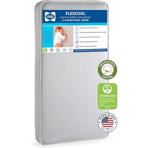 Sealy Baby Flex Cool Breathable Hypoallergenic 2-Stage Dual Firm Waterproof Baby Crib Mattress & Toddler Bed Mattress, Cotton Cover, 204 Premium Coils, Air Quality Certified, Made in USA, 52"x28"