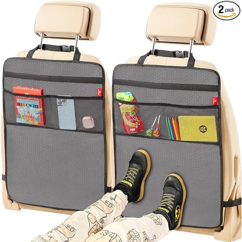 Helteko Back Seat Protector for Car, 2 Pack Premium Kick Mats for Kids, Extra Large Car Seat Cover for Backseat with Mesh Pockets, Waterproof Dirt & Mud Protection, Black