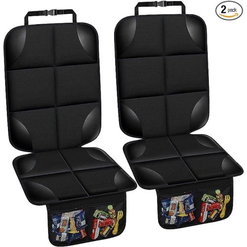 Car Seat Protector for Child Car Seat, 600D Fabric Carseat Seat Protectors, 2 Pack Seat Protector Under Baby Pet Car Seat with Non-Slip Backing, Thickest Padding, Mesh Storage Pockets - Carbon Black