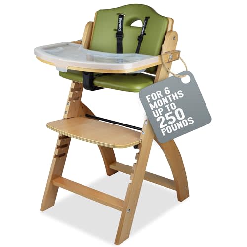Abiie Beyond Junior Wooden High Chair with Tray - Convertible Baby Highchair - Adjustable High Chair for Babies/Toddlers/6 Months up to 250 Lbs - Stain & Water Resistant Natural Wood/Olive Cushion