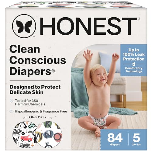 The Honest Company Clean Conscious Diapers for Sensitive Skin | Hypoallergenic, Fragrance Free | Gender Neutral Prints | Super Club Box, Size 5 (27+ lbs), 84 Count (Prints May Temporarily Vary)