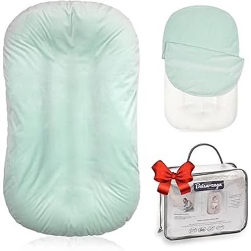 Baby Lounger - Snuggle Cozy Me Infant Lounger for Newborns | Flannel Cover, Breathable Soft, Portable Awake-Time Pad, Essential Baby Gift -Lake Green