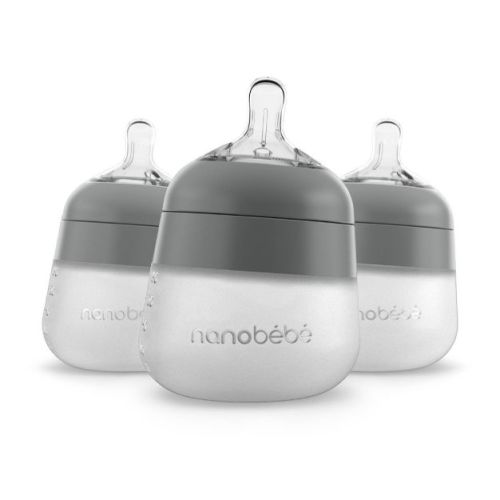 Nanobebe Flexy Silicone Baby Bottle Anti-colic Nipple, Soft Body, Stable Base - Gray - 5oz/3pk