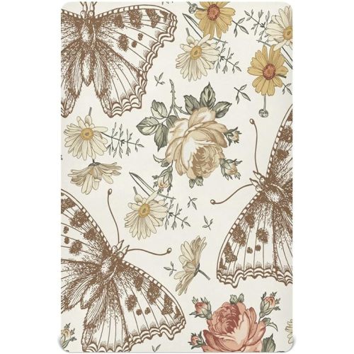 Kigai Vintage Butterfly Crib Sheets for Boys Girls Jersey Knit Fitted Crib Sheet Baby Crib Sheet for Standard Crib and Toddler Bed Mattresses, Cozy Soft Breathable, 28 x 52 inch