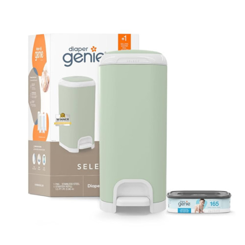Diaper Genie Select Pail (Green) is Made of Durable Stainless Steel and Includes 1 Starter Square Refill That can Hold up to 165 Newborn-Sized Diapers.