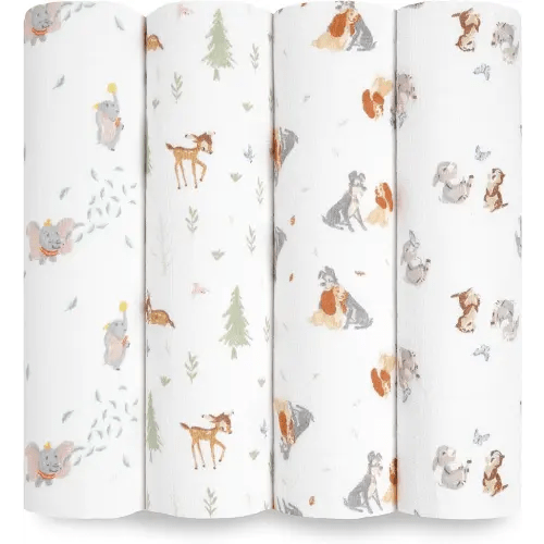 aden + anais Essentials Disney Baby Muslin Swaddle Blankets, Newborn Receiving Blanket for Swaddling, 100% Cotton Baby Swaddle Wrap, 4 Pack, Disney + Friends