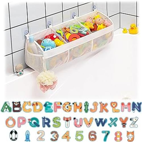 Original Mesh Bath Toy Storage, Large Capacity Bath Tub Toy Holder with 3 Compartments, Bath Toy Organizer for Easy Access to Toys, Bonus 36 ABC Soft Foam Letters and Numbers