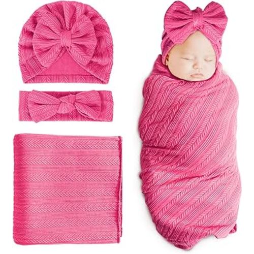 DRESHOW BQUBO Newborn Receiving Blanket Toddler Warm for Girls with Bow Hat and Bow Headband Shower Gift