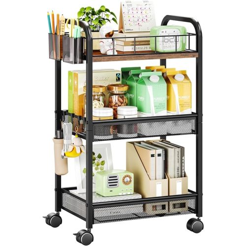 HapiRm 3 Tier Metal Rolling Cart- Utility Storage Cart with Locking Wheels