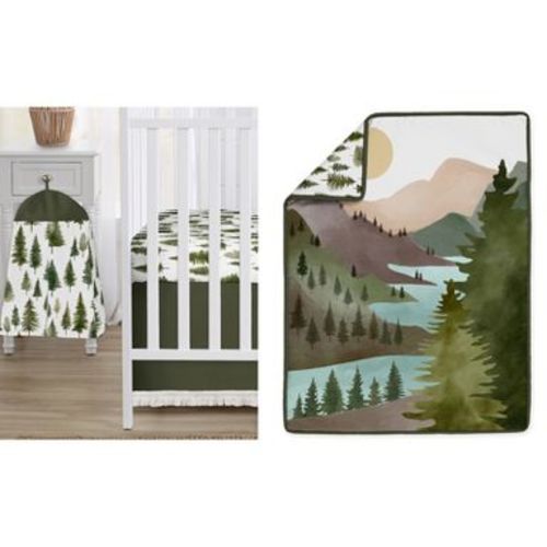 Sweet Jojo Designs Gender Neutral Unisex Baby Crib Bedding Set - Woodland Pine Tree Green Purple and Blue 4pc
