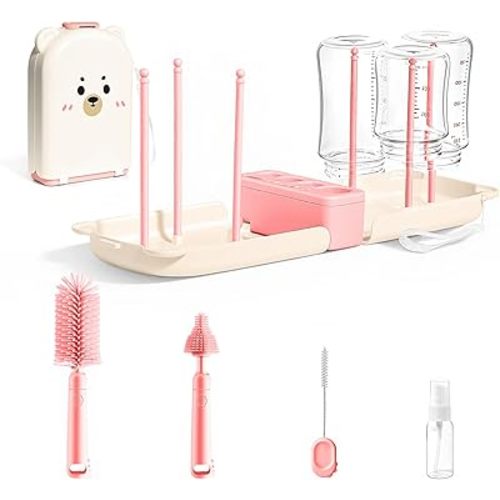 LEQXGO Travel Baby Bottle Cleaner Kit with Storage Case, 7-in-1 Baby Bottle Brush Set with Drying Rack for Breast Pump Parts, Bottle Washing Kit - Baby Travel Essential for Flying & On-the-Go (Pink)