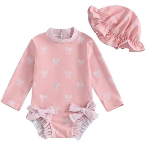 Baby Girl Swimsuit Baby Girls Long Sleeve One Piece Swimsuit Romper with Hat Bathing Suit Beach Rash Guard