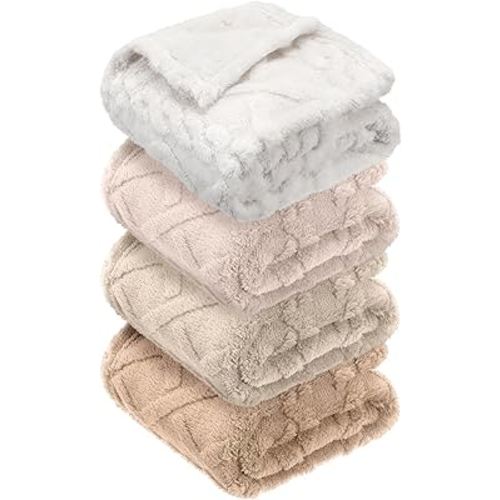 VitalCozy 4 Pcs Soft Fleece Baby Blankets Set 30" x 40" 3D Plush Warm Nursery Swaddling Bed Blanket Little Boys Girls Infant Toddlers and Newborn Receiving Gifts Blankets(Khaki Set)