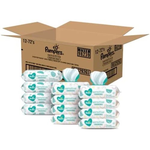 Baby Wipes, Pampers Sensitive Water Based Baby Diaper Wipes, Hypoallergenic and Unscented, 8 Pop-Top Packs with 4 Refill Packs for Dispenser Tub, 864 Total Wipes (Packaging May Vary)