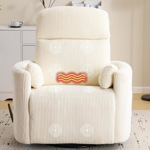 Oversized Swivel Rocker Recliner with Massage and Heat, Swivel Nursery Recliner With Adjustable Headrest, Manual Rocker Recliner Chair with Two Removable Pillows, High Back Barrel Armchair, Beige