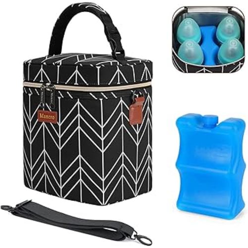 Mancro Breastmilk Cooler Bag Travel, Insulated Baby Bottle Bag with Ice Pack, Fits 4 Baby Bottles Up to 9 Ounce,Leak-Proof & Durable, Black Wave