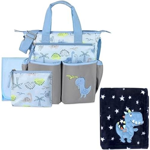 Dinosaur Diaper Bag Tote with Portable Changing Mat, Pacifier Pouch, Dinosaur Baby Blanket 4 Pc. Set