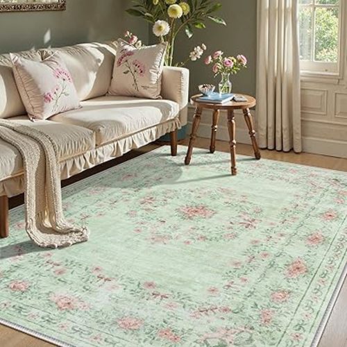 Wonnitar Floral Bow Print Washable Rugs 5x7, Sage Green Rug for Living Room, Ultra-Thin Non Slip Soft Boho Carpet for Dining Room Bedroom Kid Room Playroom, Light Green
