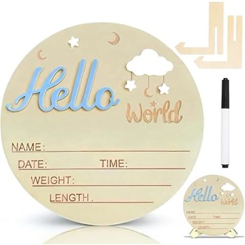 Baby Announcement Sign,Personalized Wooden 5.9inch Hello World Newborn Sign,Birth Name Announcement Sign,3D Pattern,Boys and Girls Gift,Hospital Nursery for Baby (Clouds Blue)