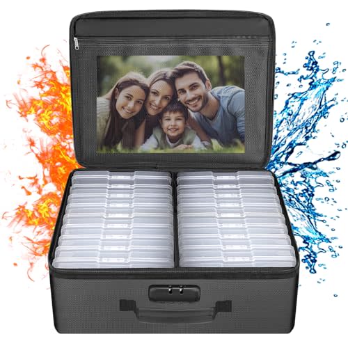 ENGPOW Photo Storage Box with 18 Inner 4" x 6" Photo Case(Clear), Fireproof Photo Organizer with Lock, Collapsible Portable Acid-Free Photo Keeper Craft Storage with Handles for Home, Office, travel