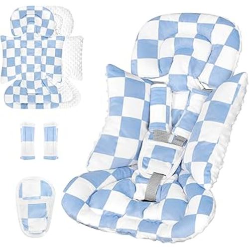DILIMI Infant Car Seat Insert, Baby Car Seat Head Support with 3 Strap Paddings, Soft Newborn Car Seat Cushion for Stroller, Swing, Bouncers, Blue Checkered
