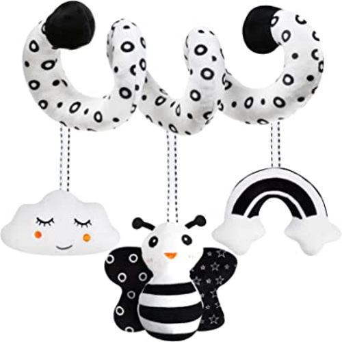 Baby Spiral Hanging Stroller and Car Seat Toys Black and White High Contrast Sensory Toy Newborn Plush Activity Toys Thank You Gifts for 0 3 6 9 12 Months Girls Boys-BEE
