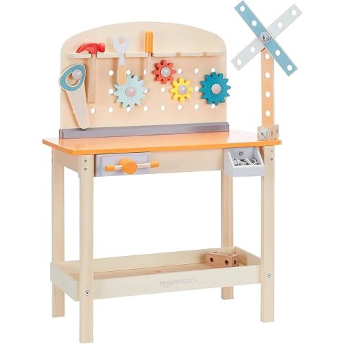Amazon Basics Wooden Play Toy Tool Set and Workbench for Toddlers, Preschoolers, Children Age 3+ Years, 36 cm D x 58 cm W x 77.9 cm H, Multicolor