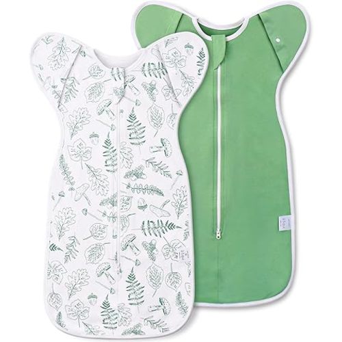 2-Pack Newborn Swaddle Sleep Sack - Baby Transitional Swaddle Sack 0-3 Months, Arms Up Swaddles with Cuff Removable Design, Green Leaves, 100% Cotton Newborn Sacks