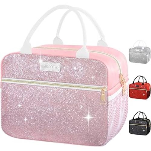 Lunch Bag For Women, Leakproof Glitter Lunch Box, Cute Lunch Tote Bag Adult, Large Capacity Insulated Reusable Cooler Lunch Containers for Work Travel Picnic or Office (Pink Bling Sparkle)