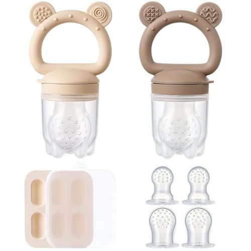 2 Pack Silicone Baby Fruit Feeder with Mini Freezer Tray, Breastmilk Popsicle Molds for Baby Teething Relief, Teethers, Fresh Food Feeder for Safe Infant Self Feeding, Extra Food Pouches - Chocolate